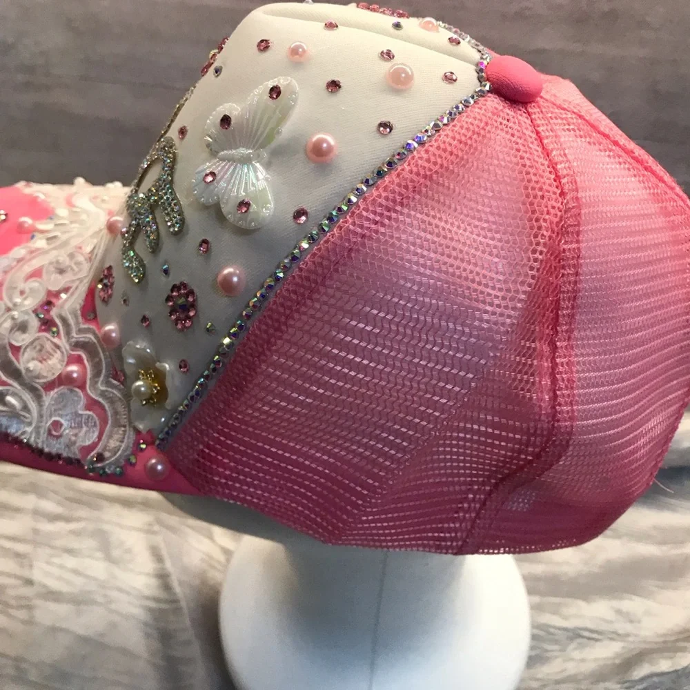 Embellished Pink and White Women’s Trucker Hat - Picture 8 of 11